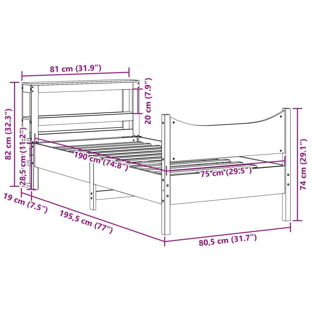 vidaXL Estructura de cama con cabecero madera pino blanco 75x190 cm