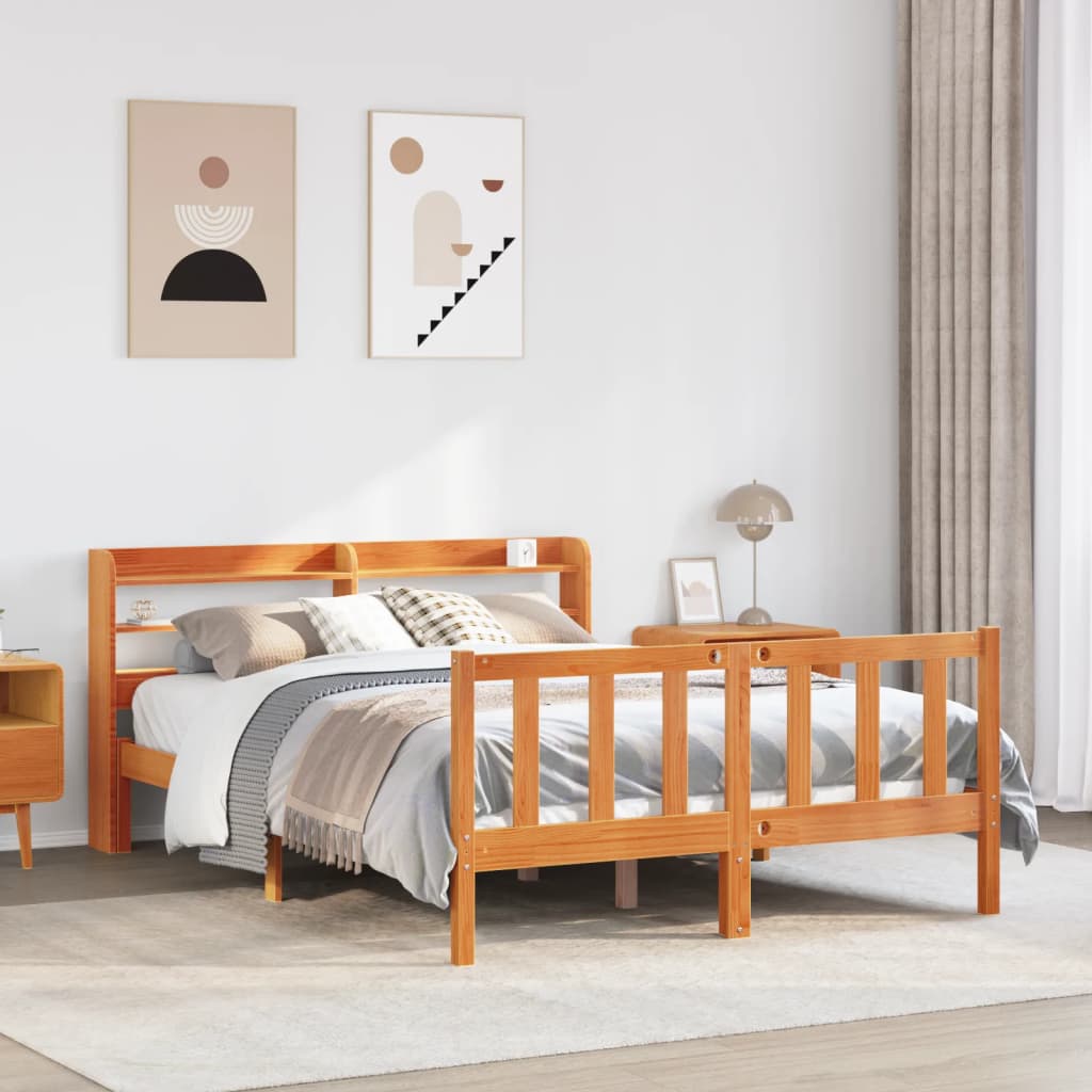 vidaXL Estructura cama con cabecero madera pino marrón cera 135x190 cm