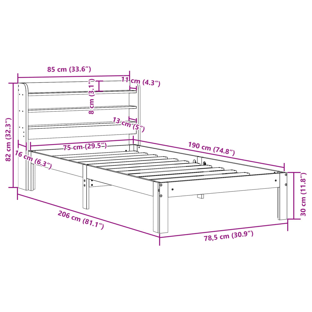 vidaXL Estructura de cama con cabecero madera maciza pino 75x190 cm