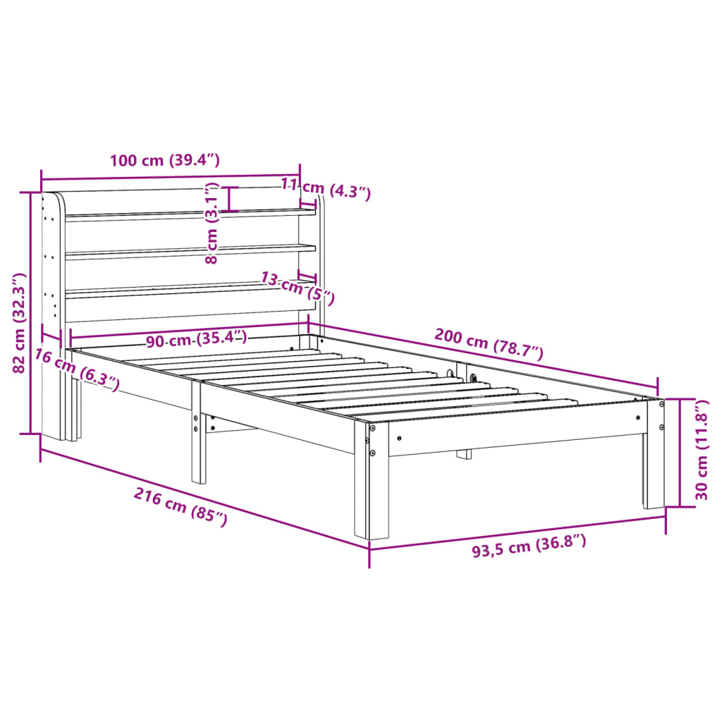 vidaXL Estructura de cama con cabecero madera maciza de pino 90x200 cm