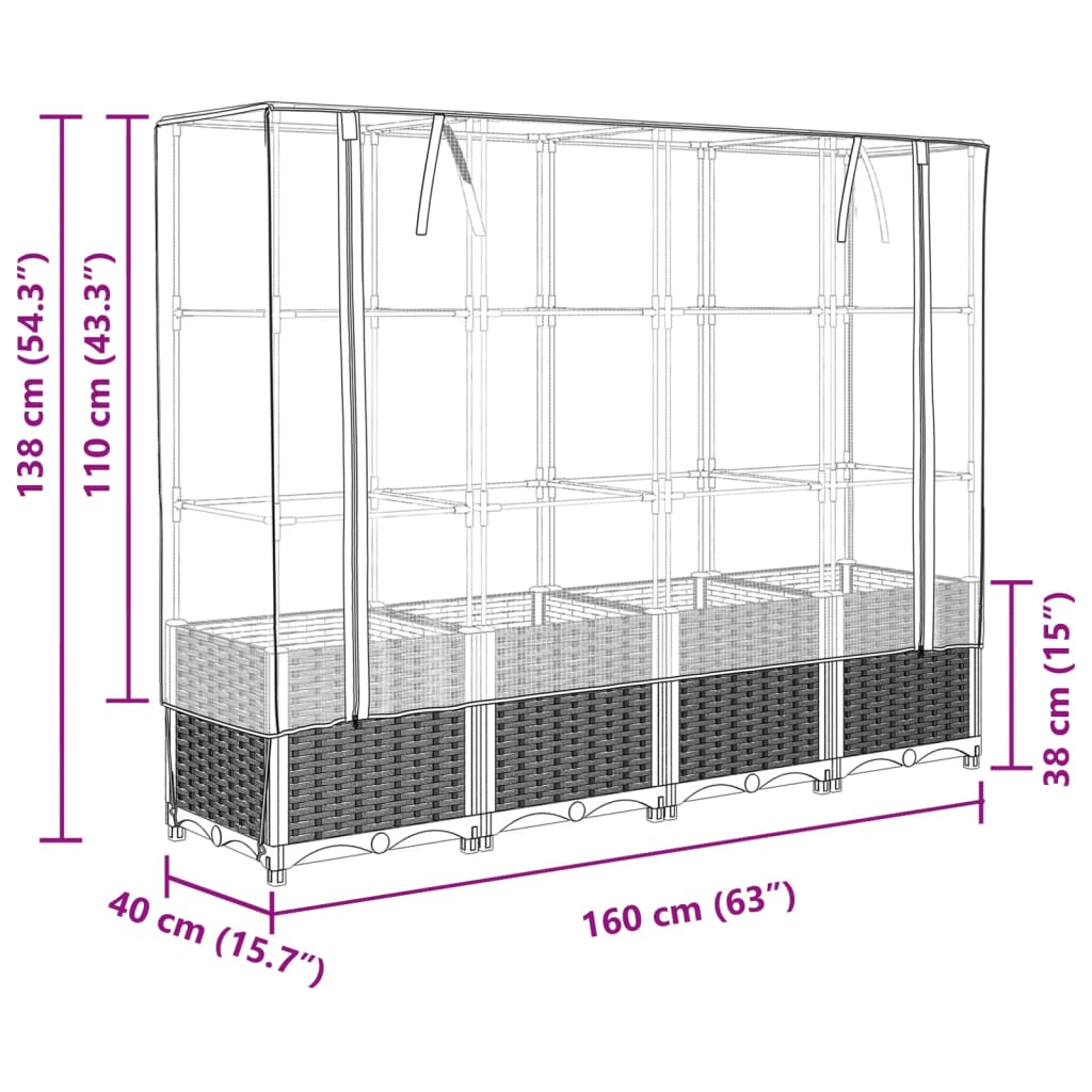 vidaXL Arriate con cubierta invernadero aspecto ratán 160x40x138 cm