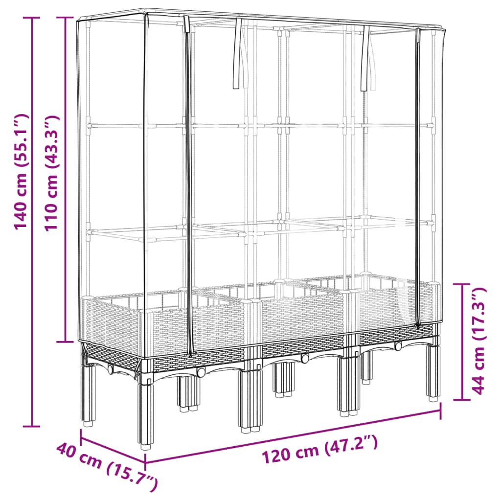 vidaXL Arriate con cubierta invernadero aspecto ratán 120x40x140 cm