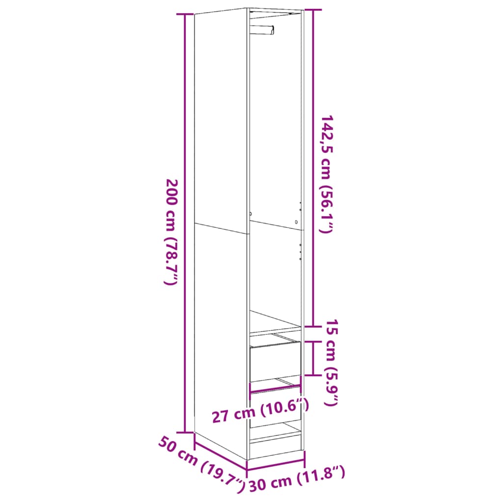 vidaXL Armario de madera de ingeniería gris Sonoma 30x50x200 cm