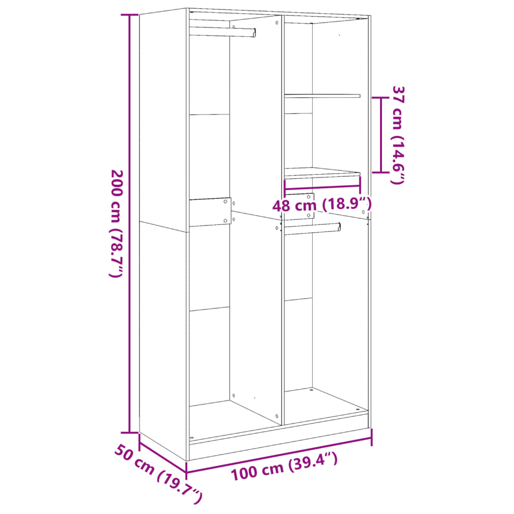 vidaXL Armario de madera contrachapada gris hormigón 100x50x200 cm