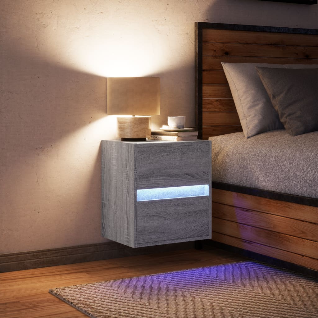 vidaXL Mesita de noche de pared con luces LED gris Sonoma