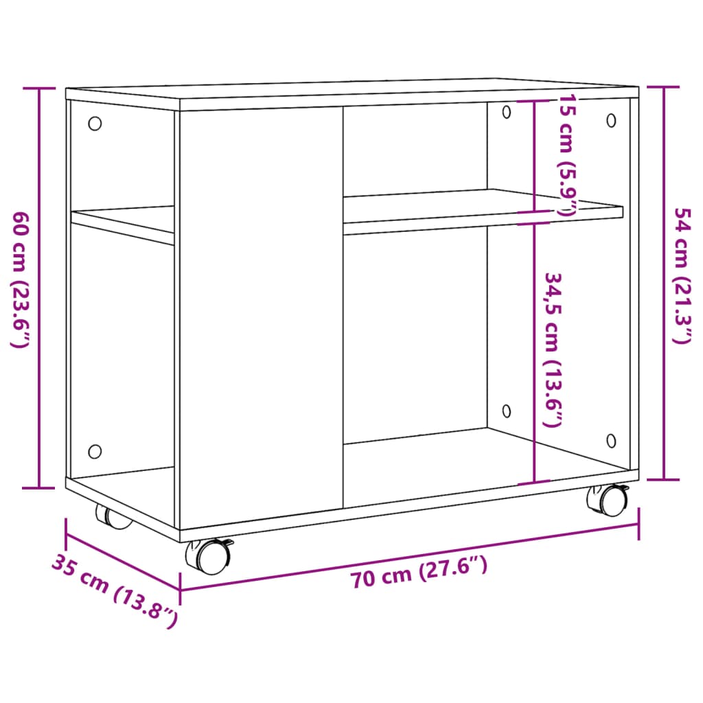 vidaXL Mesa auxiliar con ruedas madera ingeniería blanco 70x35x60 cm