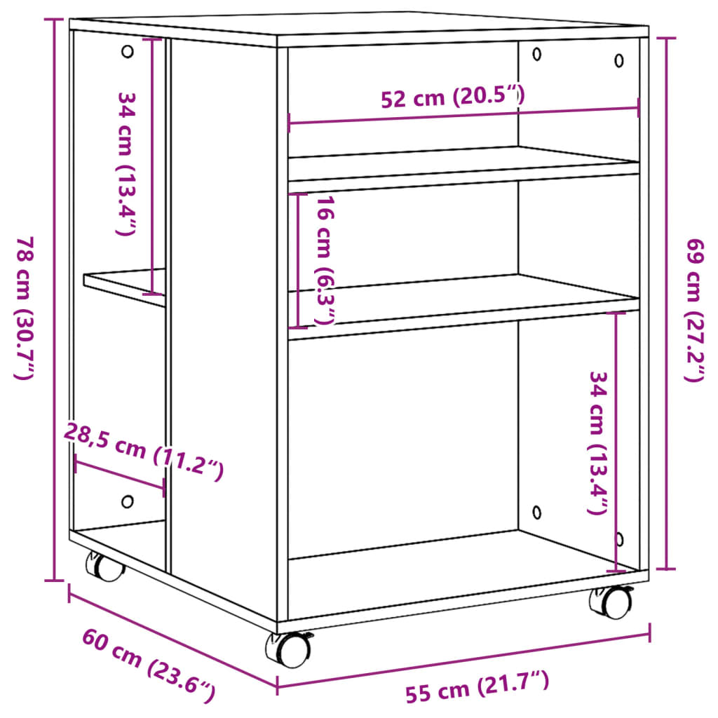 vidaXL Mesa auxiliar con ruedas madera de ingeniería negra 55x60x78 cm