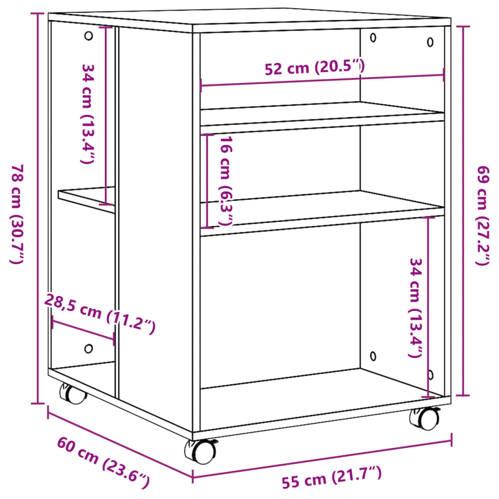 vidaXL Mesa auxiliar ruedas madera ingeniería roble ahumado 55x60x78cm