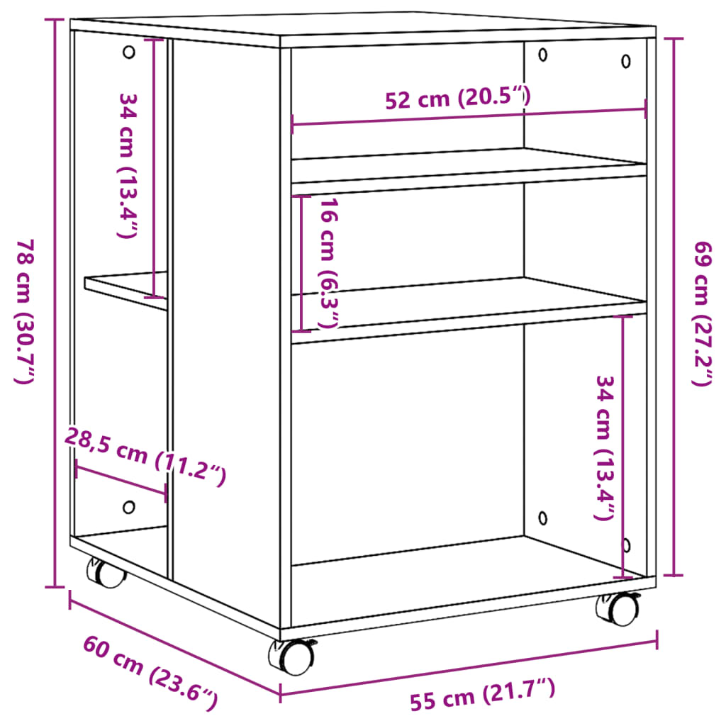 vidaXL Mesa auxiliar ruedas madera ingeniería gris Sonoma 55x60x78 cm