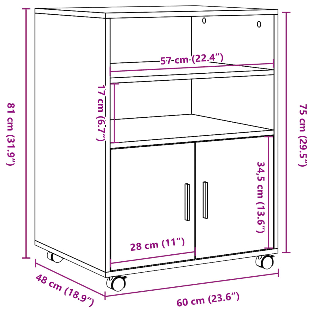 vidaXL Armario con ruedas madera ingeniería marrón roble 60x48x81 cm