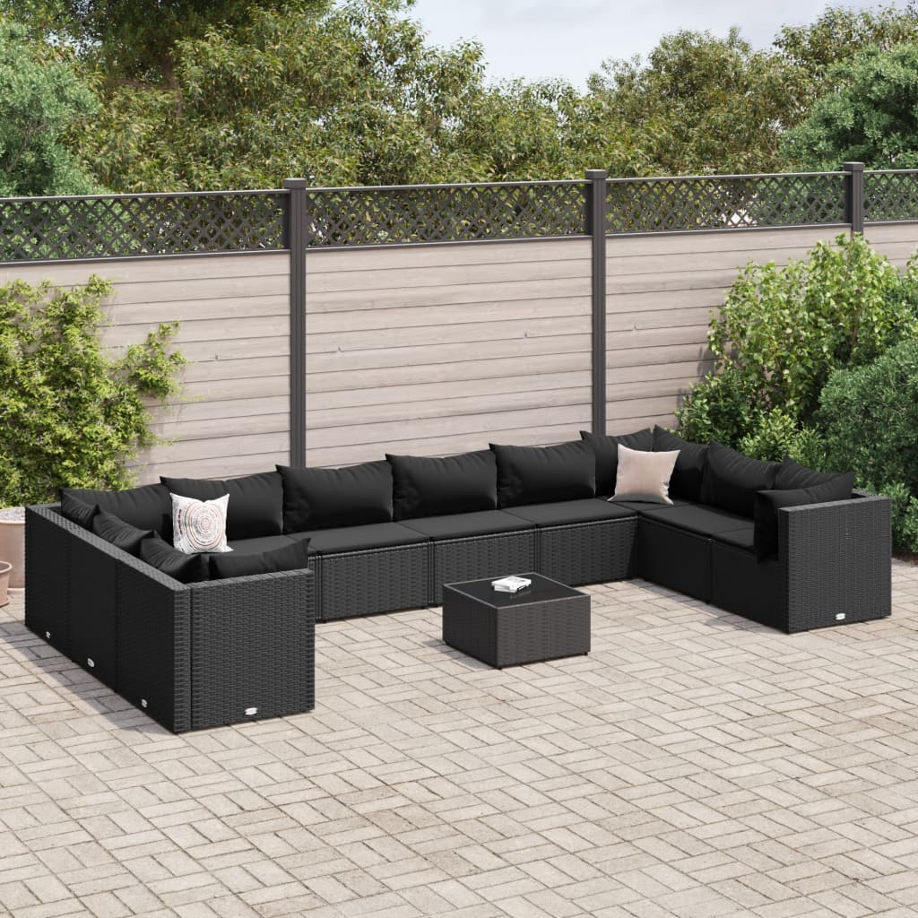 vidaXL Set muebles de jardín 11 pzas y cojines ratán sintético negro