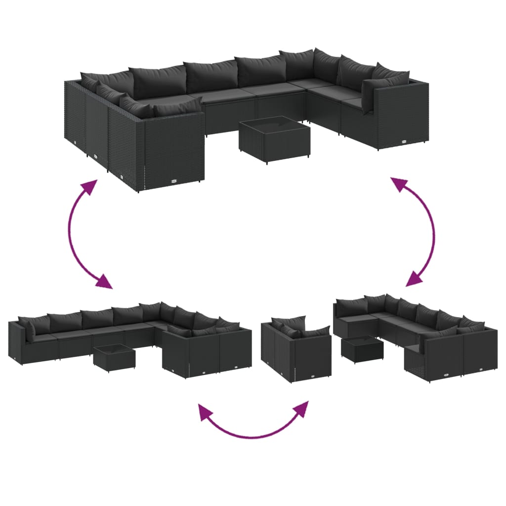 vidaXL Set de sofás de jardín y cojines 10 pzas ratán sintético negro