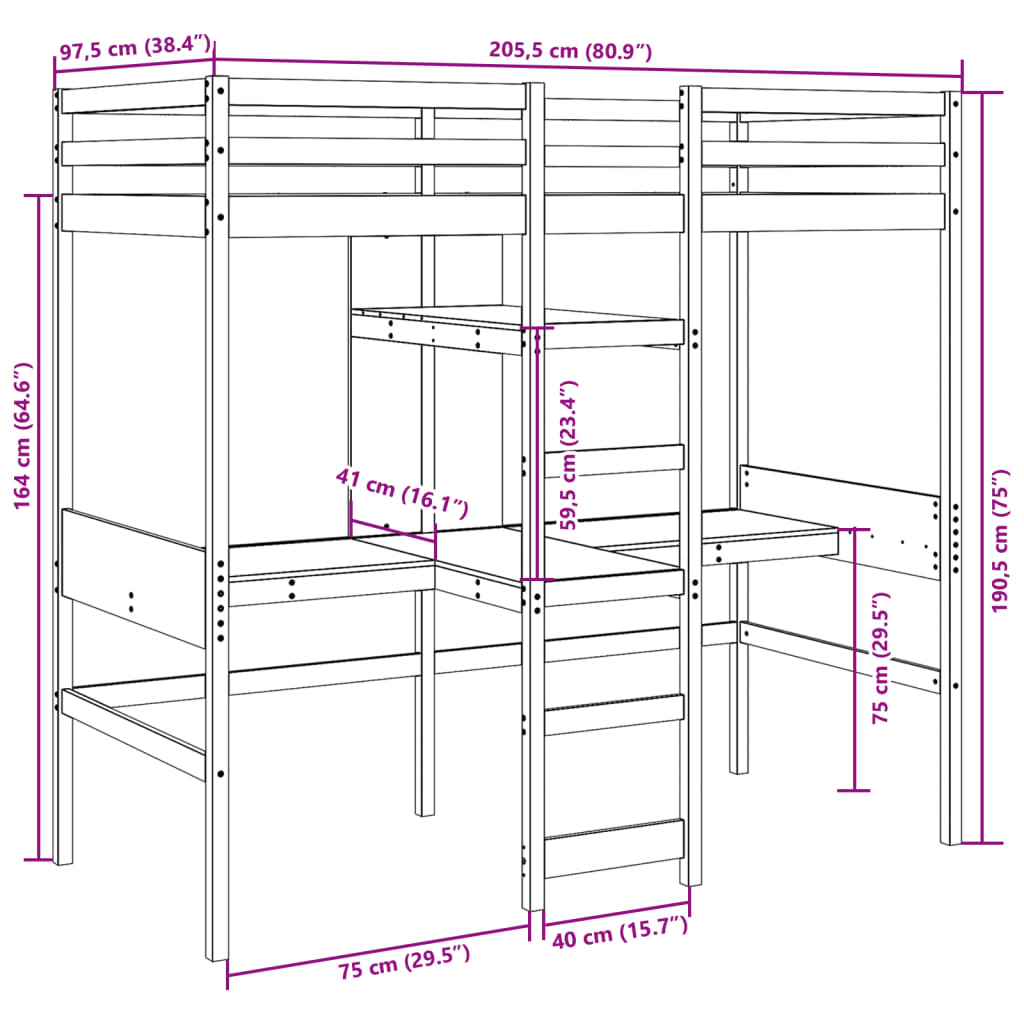 vidaXL Cama alta con escritorio y estantes madera maciza 90x200 cm