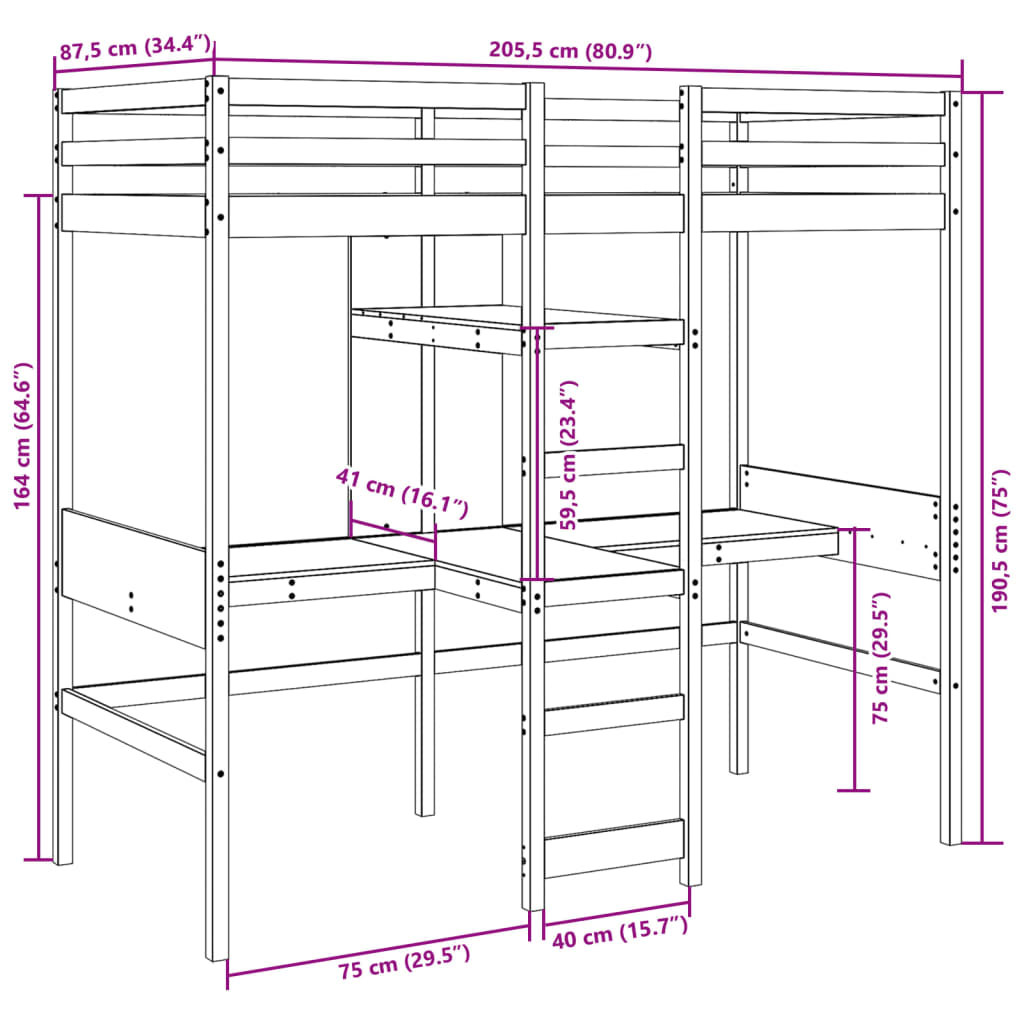 vidaXL Cama alta sin colchón madera maciza de pino 80x200 cm