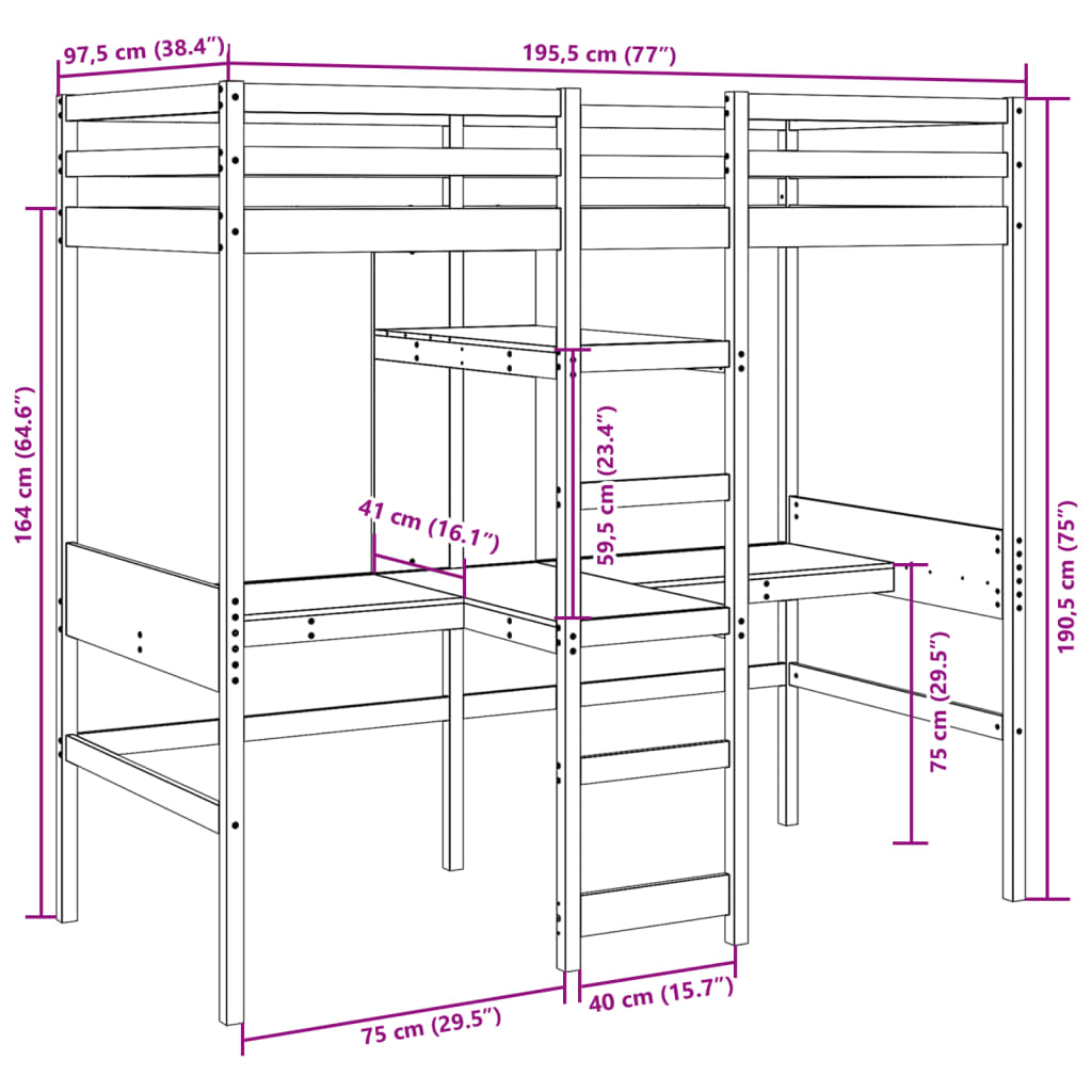 vidaXL Cama alta sin colchón madera maciza de pino 90x190 cm