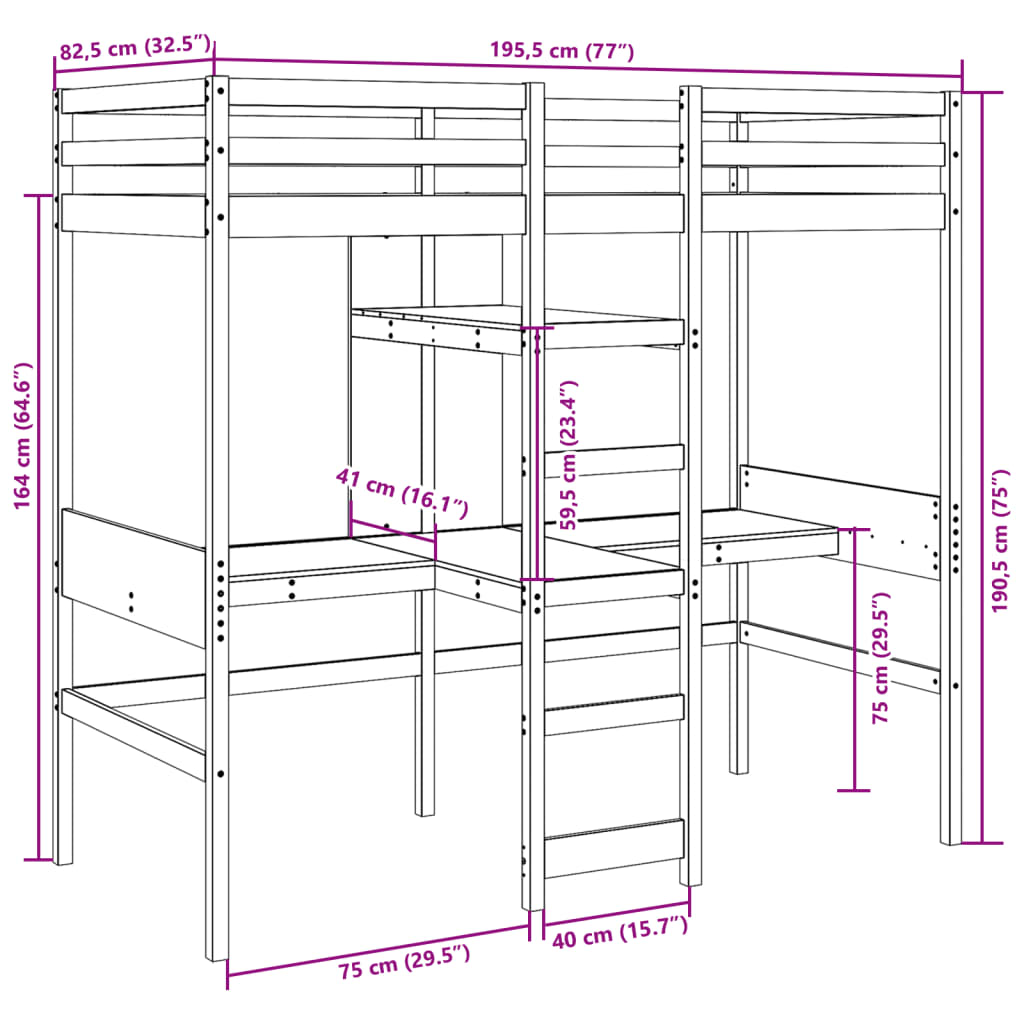 vidaXL Cama alta sin colchón madera maciza de pino blanco 75x190 cm