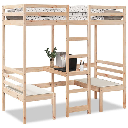 vidaXL Cama alta con escritorio y asientos madera maciza 90x200 cm