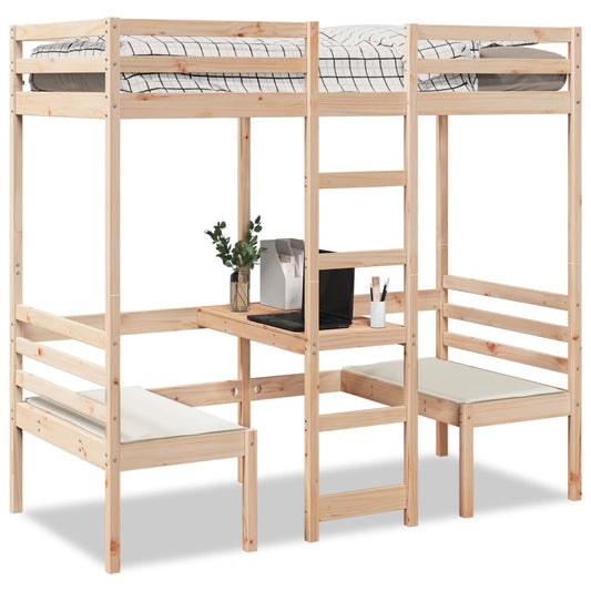 vidaXL Cama alta con escritorio y asientos madera maciza 90x190 cm