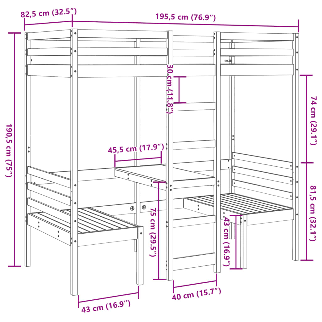 vidaXL Cama alta escritorio y asientos madera maciza marrón 75x190 cm