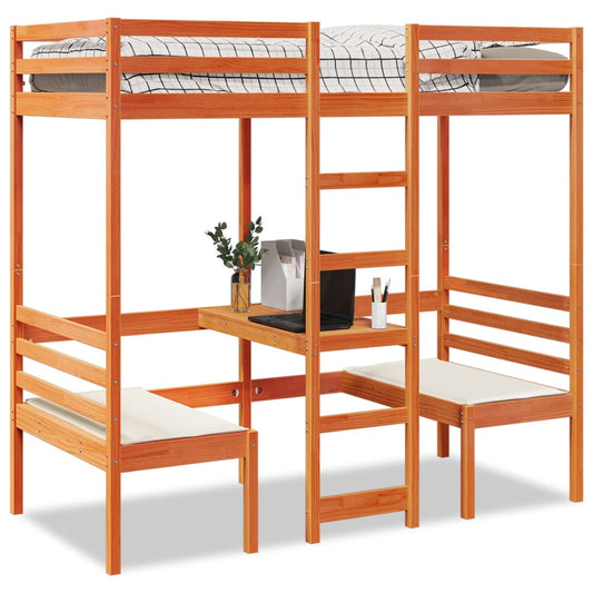 vidaXL Cama alta escritorio y asientos madera maciza marrón 75x190 cm