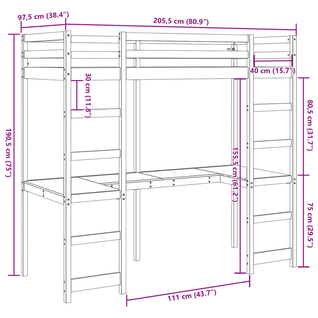 vidaXL Cama alta con escritorio madera maciza pino marrón 90x200 cm