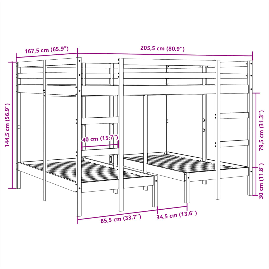 vidaXL Estructura de litera triple madera de pino 140x200/70x140 cm