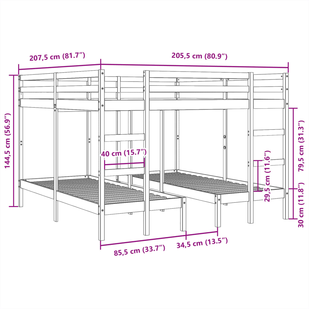 vidaXL Litera triple madera maciza de pino marrón 140x200/70x140 cm