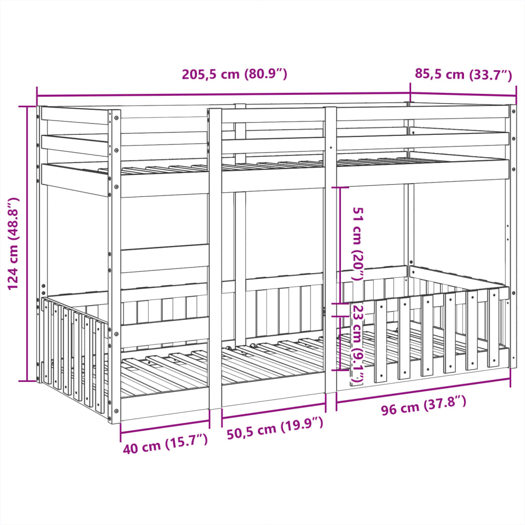 vidaXL Litera de madera maciza de pino 80x200 cm