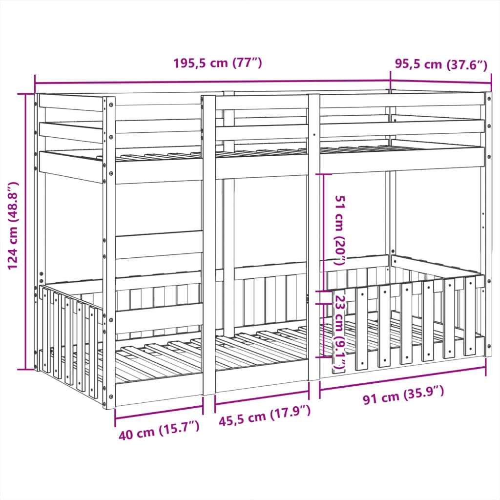 vidaXL Litera de madera maciza de pino marrón cera 90x190 cm