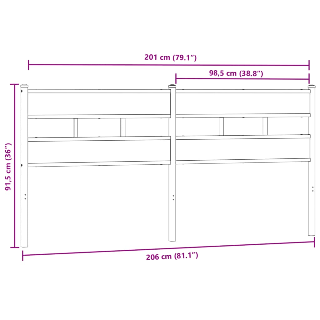 vidaXL Cabecero de hierro y madera de ingeniería roble ahumado 200 cm