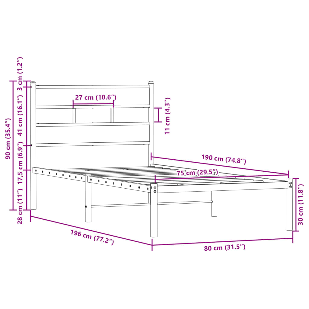 vidaXL Estructura cama con cabecero sin colchón marrón roble 75x190 cm