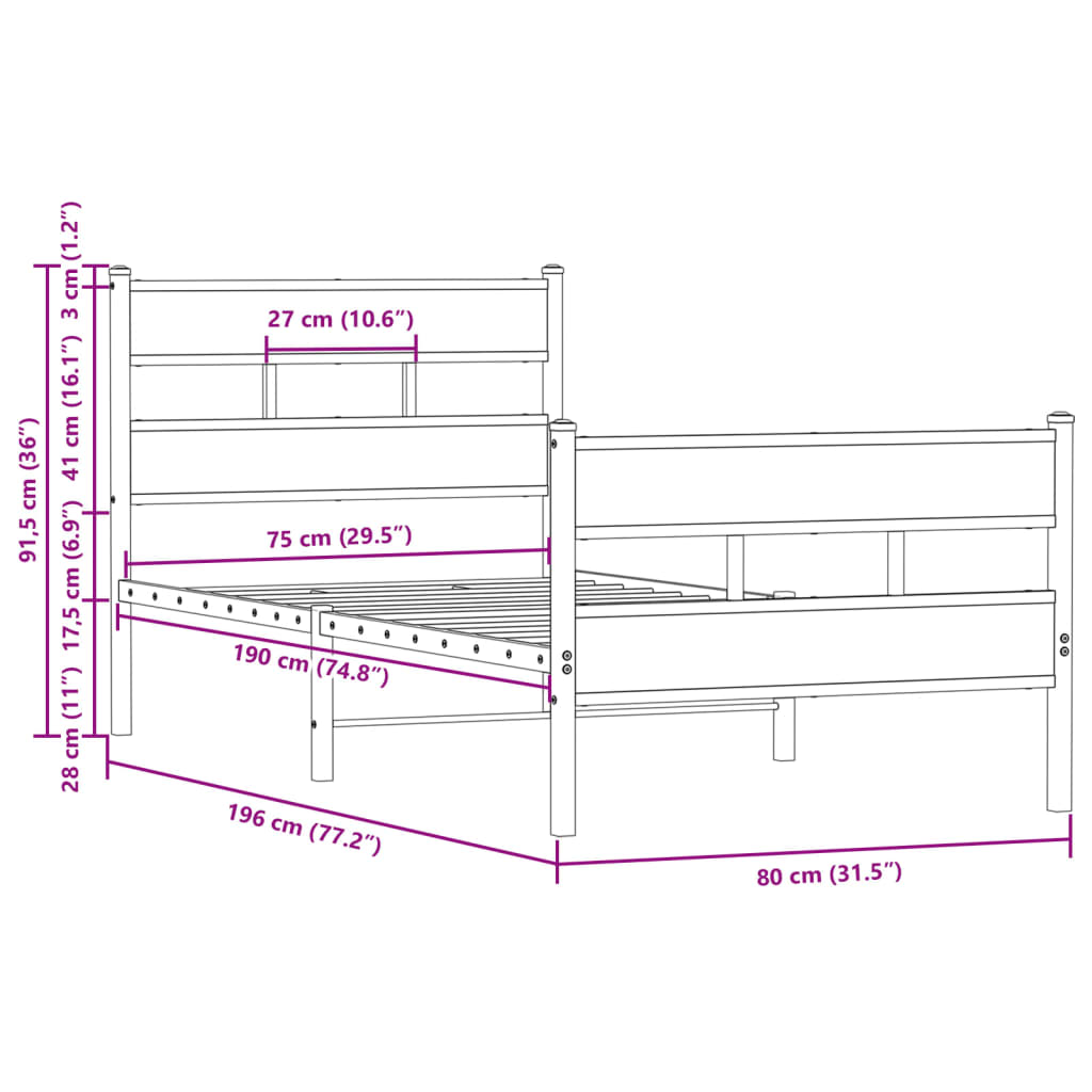 vidaXL Estructura cama con cabecero y pie sin colchón marrón 75x190 cm