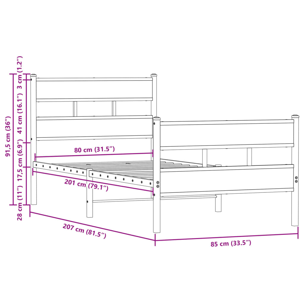 vidaXL Estructura cama con cabecero y pie sin colchón marrón 80x200 cm