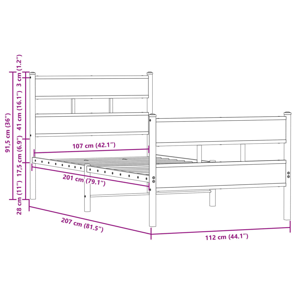 vidaXL Estructura de cama con cabecero y pie sin colchón 107x203cm