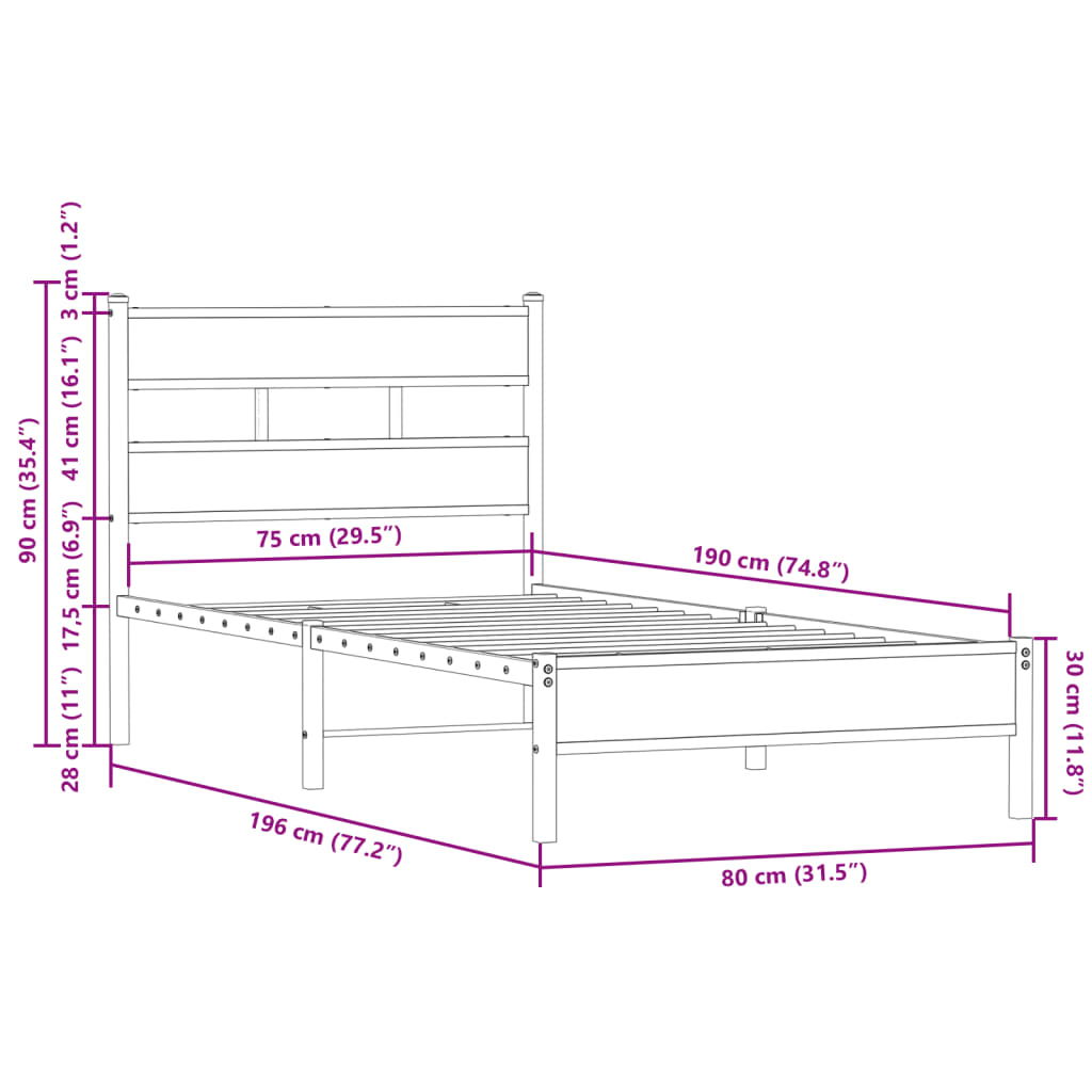 vidaXL Estructura cama con cabecero sin colchón roble Sonoma 75x190 cm