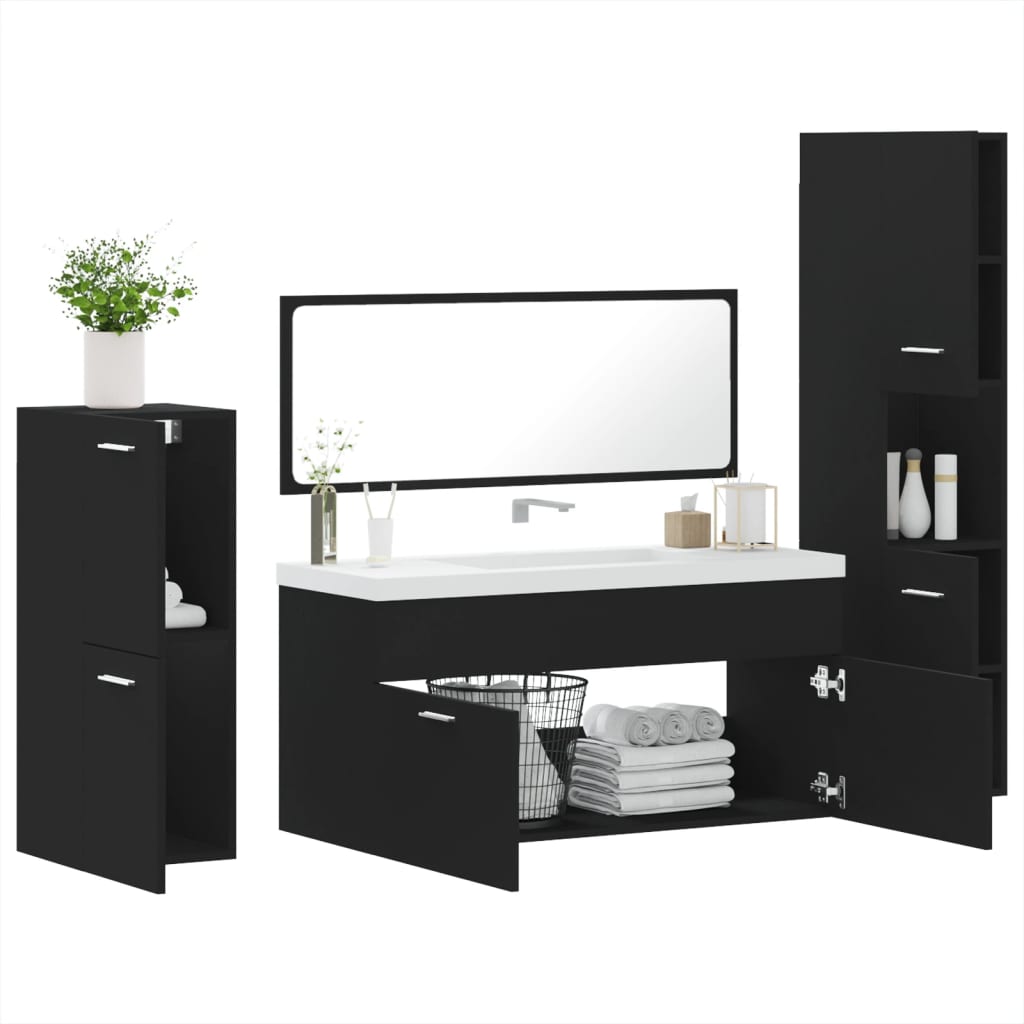 vidaXL Juego de muebles de baño 4 pzas madera contrachapada negro