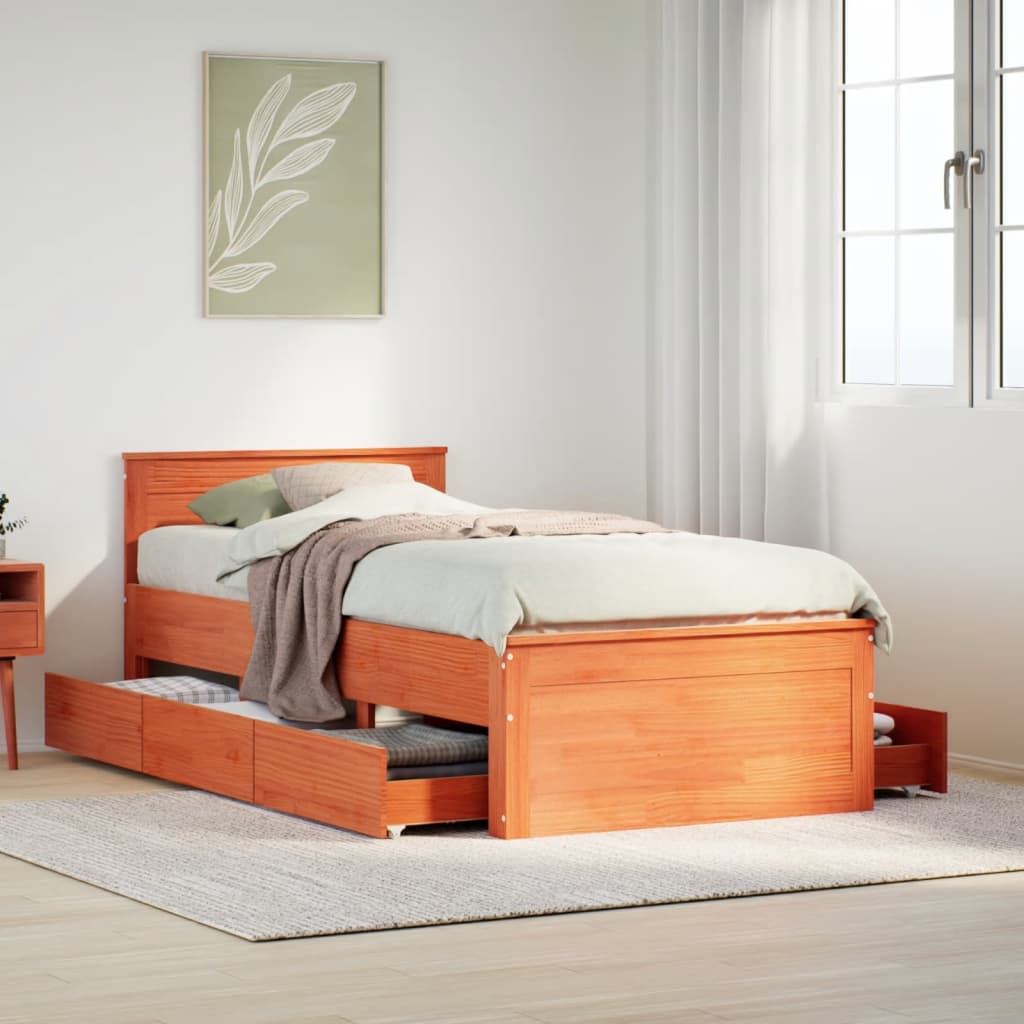 vidaXL Cama con cabecero sin colchón madera maciza marrón 100x200 cm