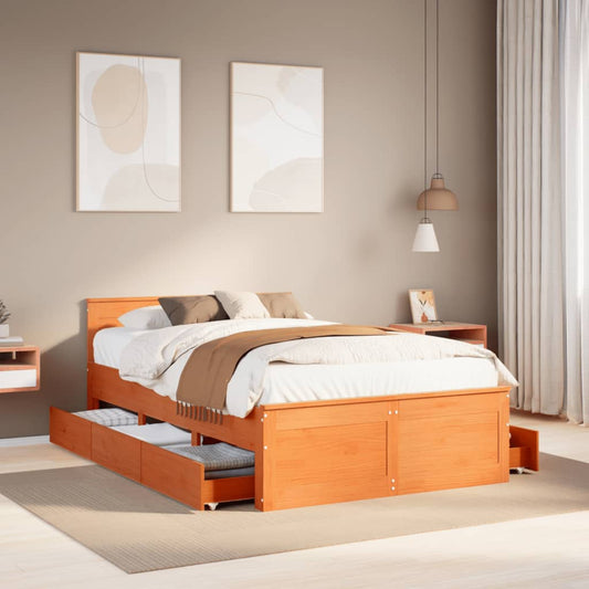 vidaXL Cama con cabecero sin colchón madera maciza marrón 135x190 cm