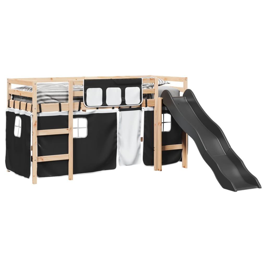 vidaXL Cama alta niños con cortinas madera pino blanco negro 80x200 cm