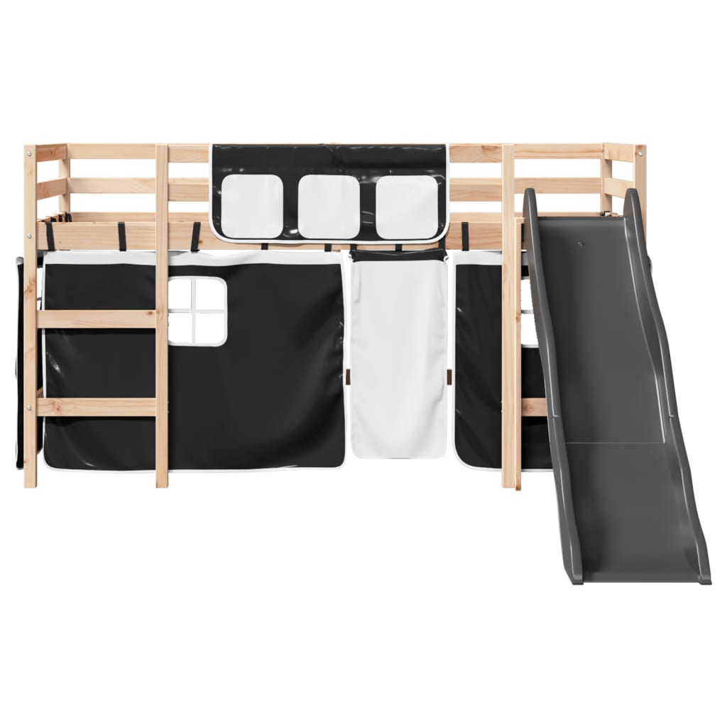 vidaXL Cama alta niños con cortinas madera pino blanco negro 80x200 cm