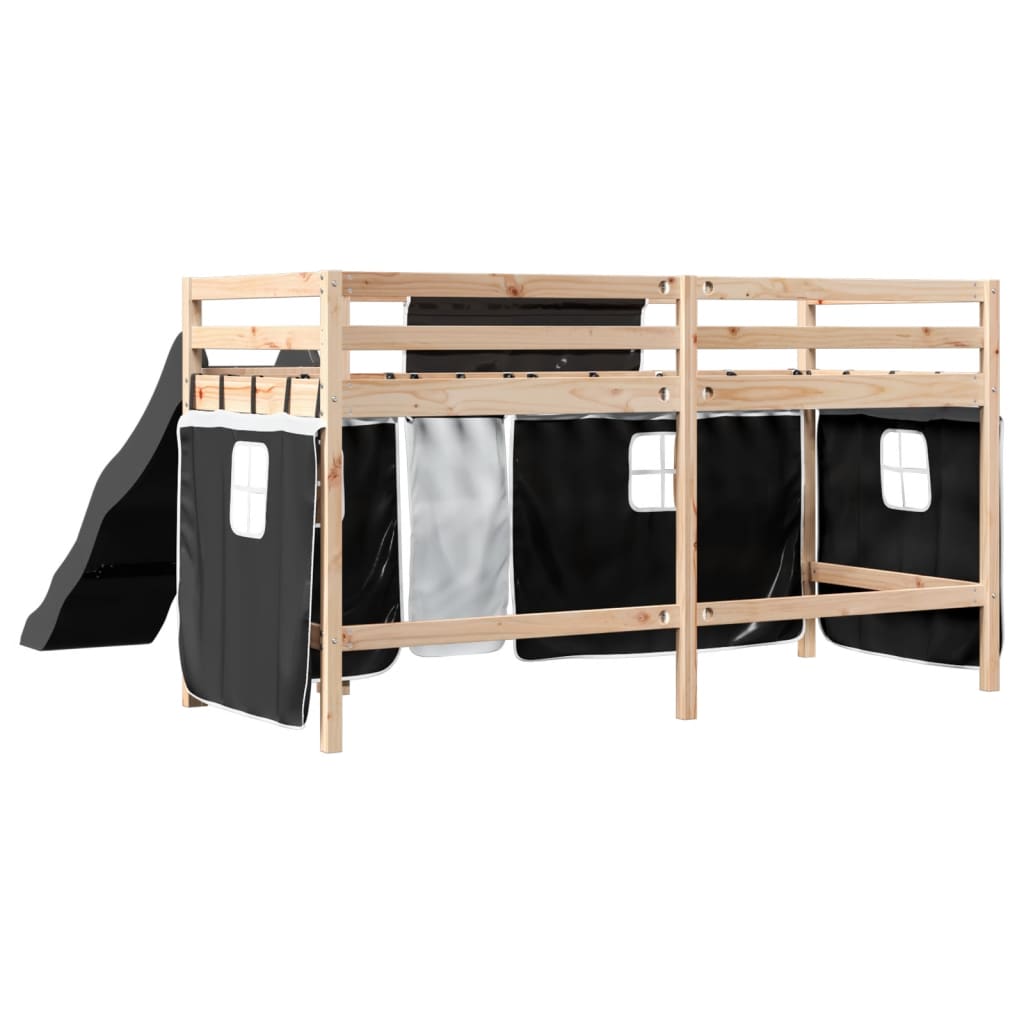 vidaXL Cama alta niños con cortinas madera pino blanco negro 80x200 cm