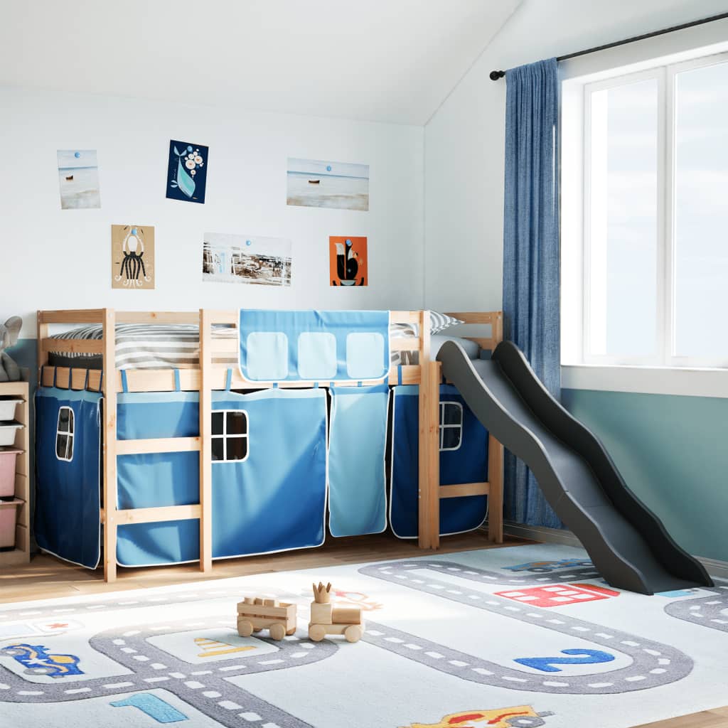 vidaXL Cama alta para niños con cortinas madera pino azul 80x200 cm