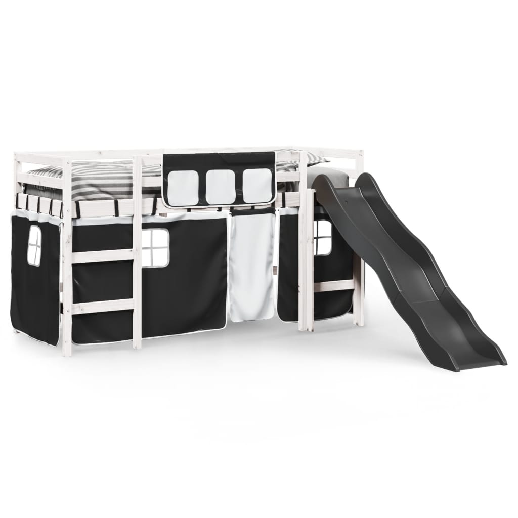 vidaXL Cama alta niños con cortinas madera pino blanco negro 80x200 cm