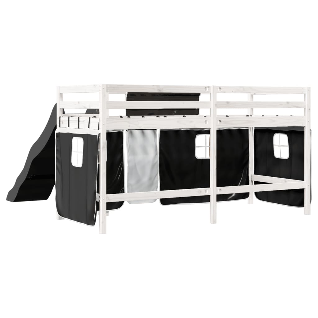 vidaXL Cama alta niños con cortinas madera pino blanco negro 80x200 cm