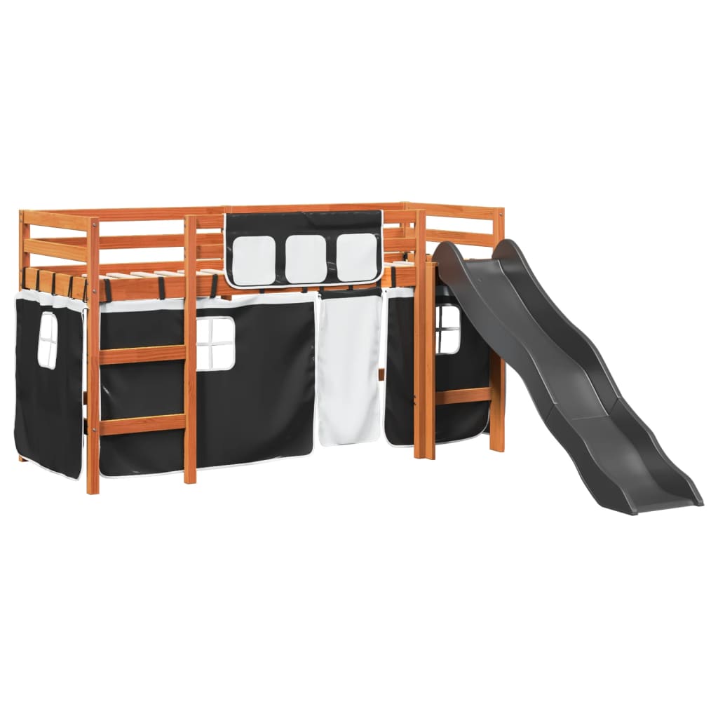 vidaXL Cama alta niños con cortinas madera pino blanco negro 80x200 cm