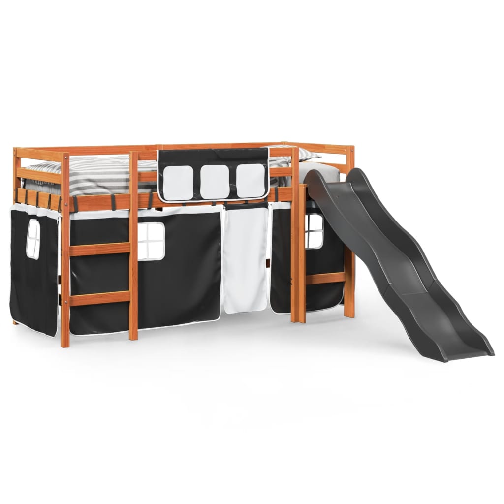 vidaXL Cama alta niños con cortinas madera pino blanco negro 80x200 cm