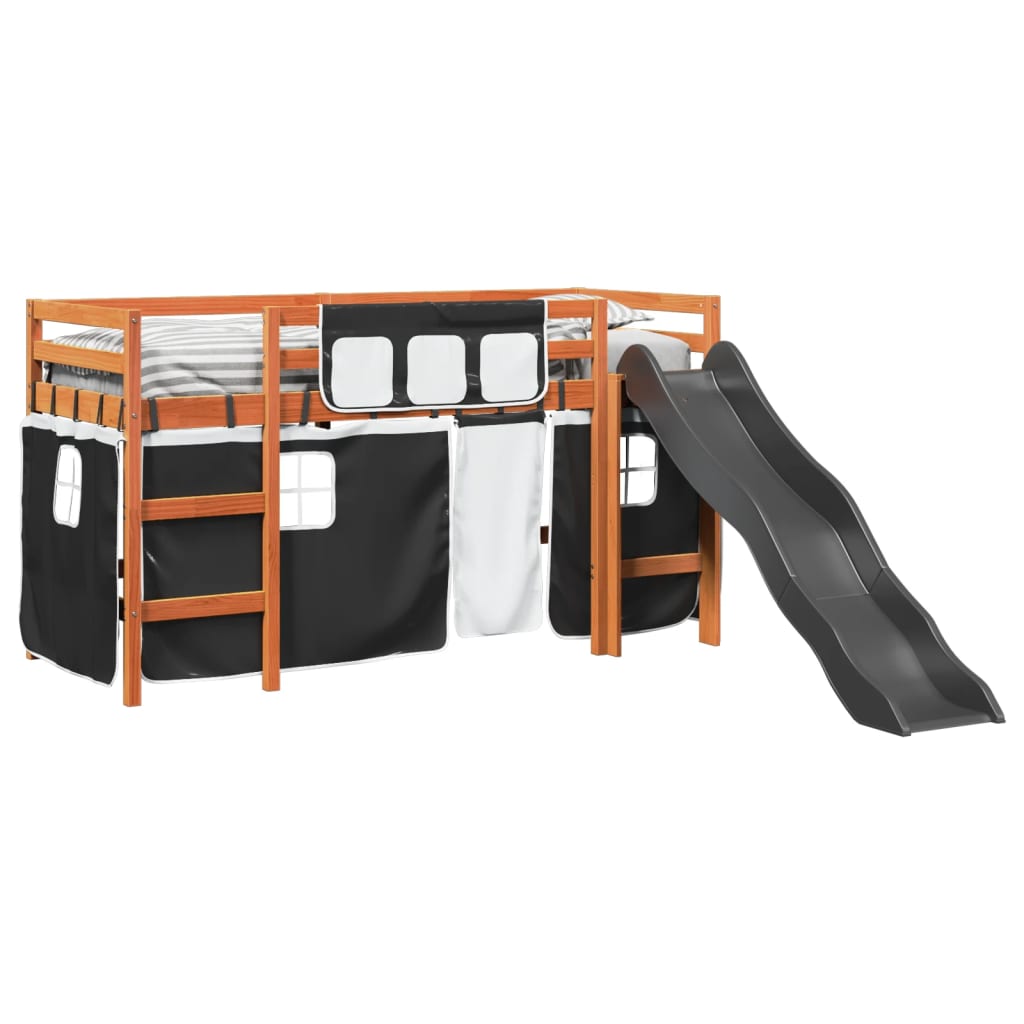 vidaXL Cama alta niños con cortinas madera pino blanco negro 80x200 cm