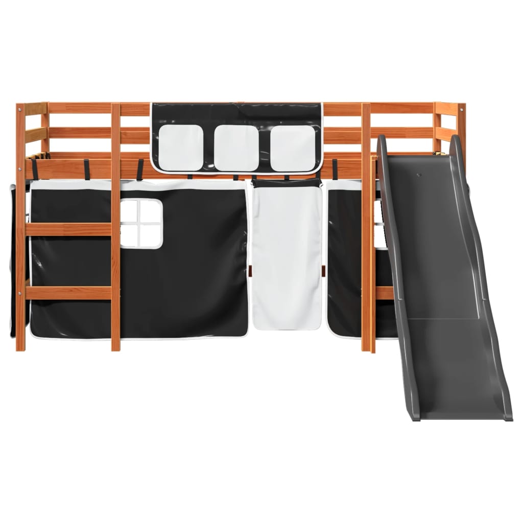 vidaXL Cama alta niños con cortinas madera pino blanco negro 80x200 cm