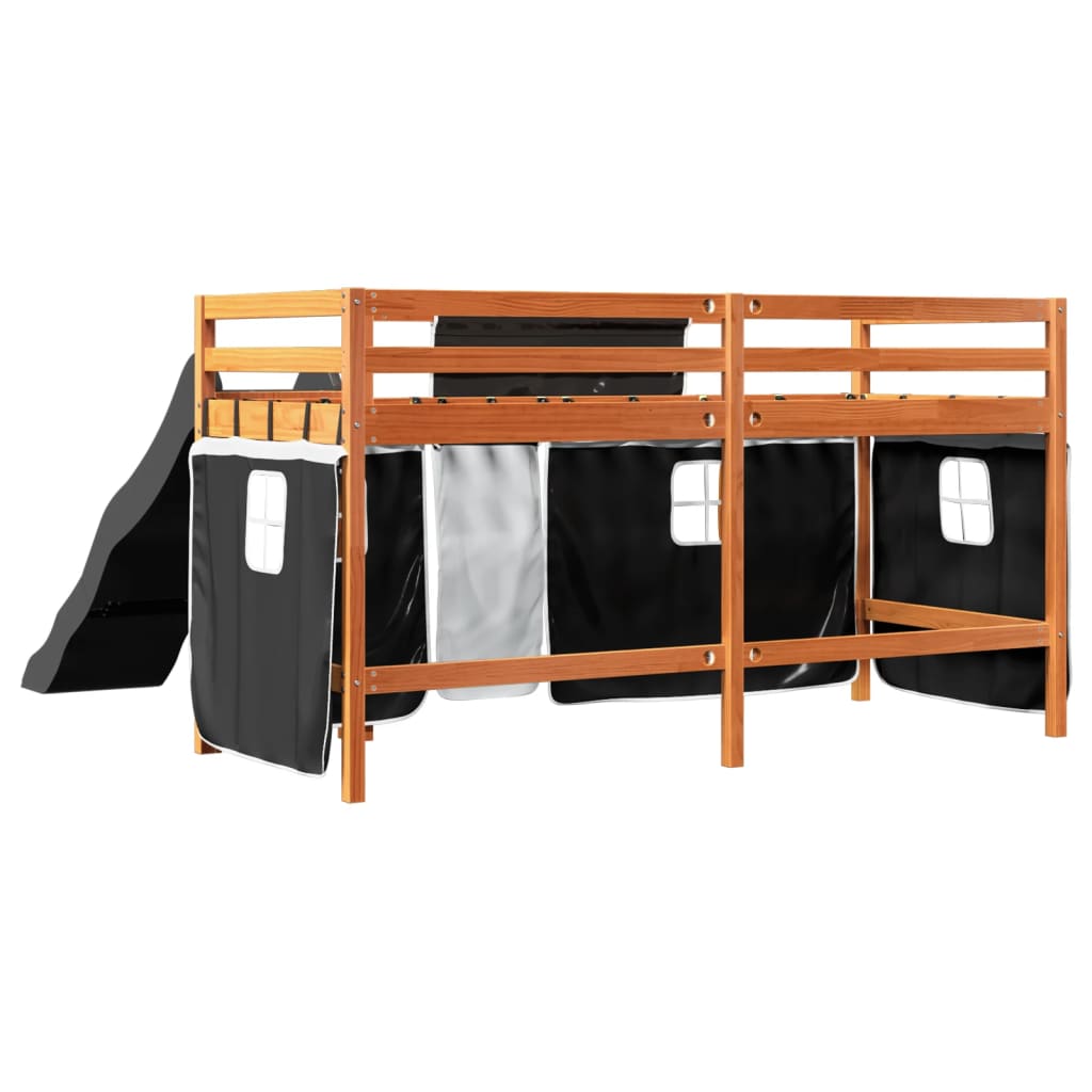 vidaXL Cama alta niños con cortinas madera pino blanco negro 80x200 cm