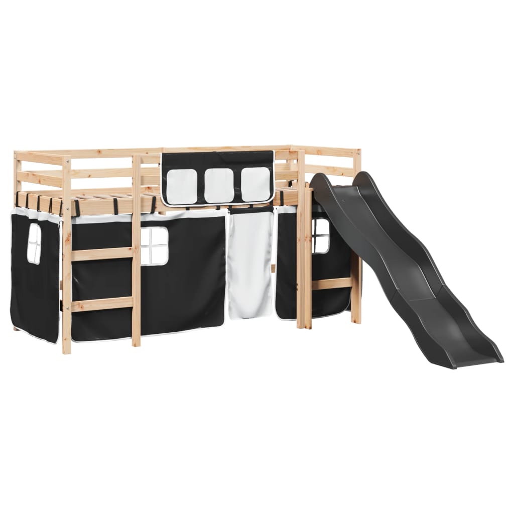 vidaXL Cama alta niños con cortinas madera pino blanco negro 90x200 cm